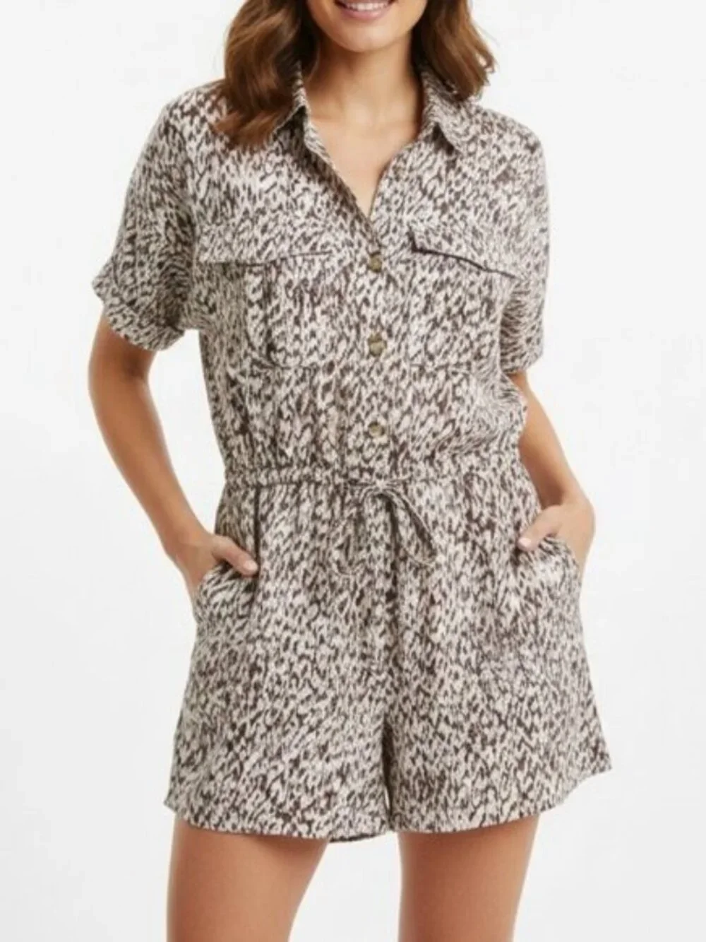 Calvin Klein Short Sleeve Button-Front Romper | Brown Ikat Print | Size 10 Linen